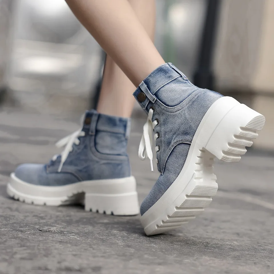 女性の厚底デニムブーツ,快適,ラージサイズ,カジュアル,ファッショ