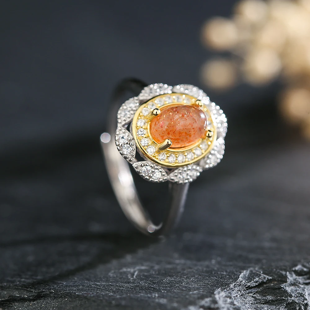 Luxury Palace Style s925 Sterling Silver Natural Sun Stone Women's Ring Exquisite High Quality Wedding Jewelry Party Accessories