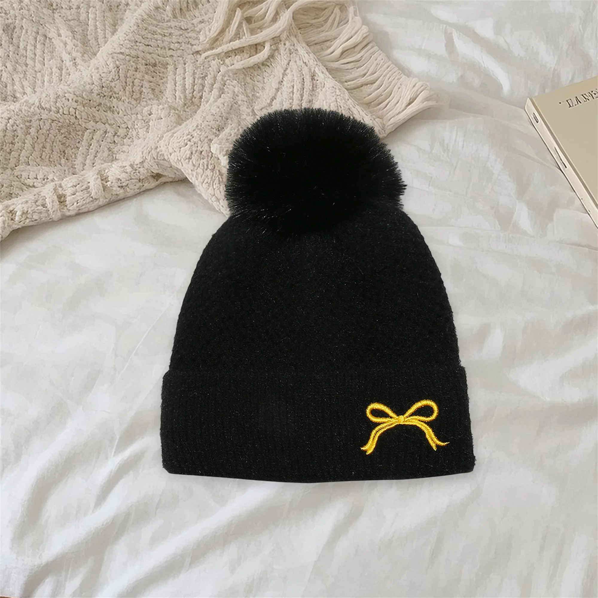 Women s Cable Knit Pom Pom Beanie Hat with Faux Fur Lining Stylish Winter Cap for Outdoor Activities like Ice Skating