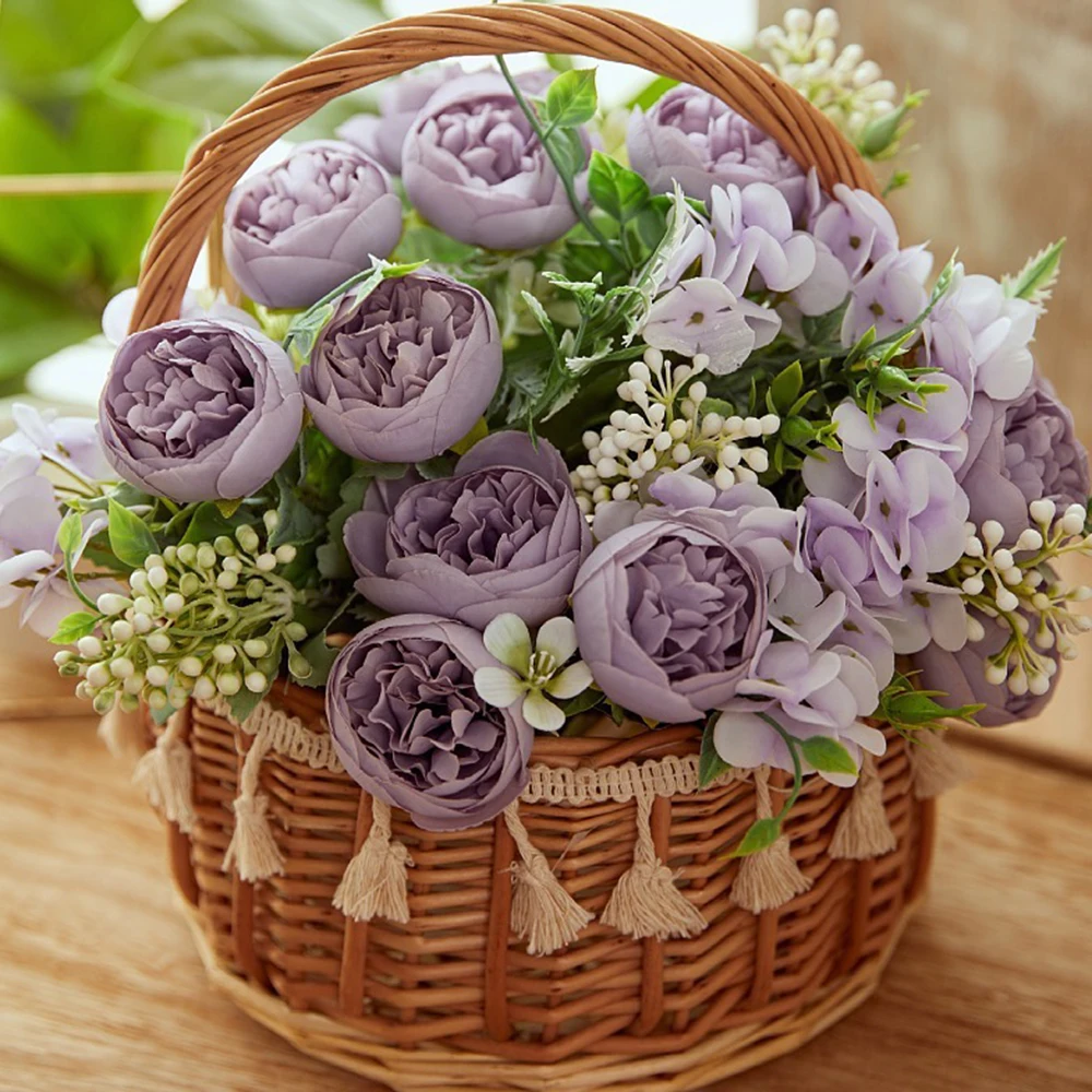 26cm Pink Silk Rose Artificial Flowers Bouquet for Cemetery Wedding Retro Peony Fake Flowers Floral Bridal Handheld Decoration