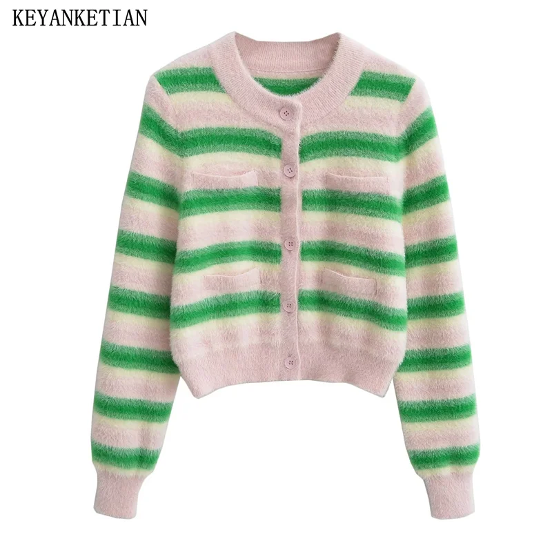 

KEYANKETIAN Winter New Fresh Sweet Soft Touch Jacquard Knit Cardigan Women's Mohair Sweater Button-up O-Neck Slim Crop Top