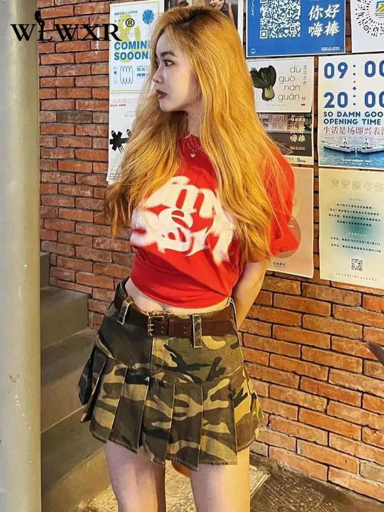 

WLWXR Camouflage Print Zipper Side Slit Midi Skirts Summer Outfits For Women 2023 Streetwear High Waist Slim Casual Skirts