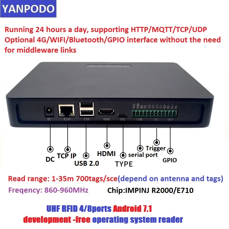 UHF RFID WIFI/4G 안드로이드 7.1 개발이 필요 없는 운영 체제 4/8포트 리더 1-35 장거리 타이밍 시스템 창고 관리