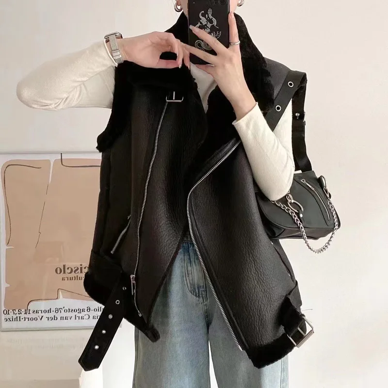 

Women PU Leather Vest Autumn Winter Female Double-sided Zipper with Belt Sleeveless Vests Women Black Leather Cotton Vest