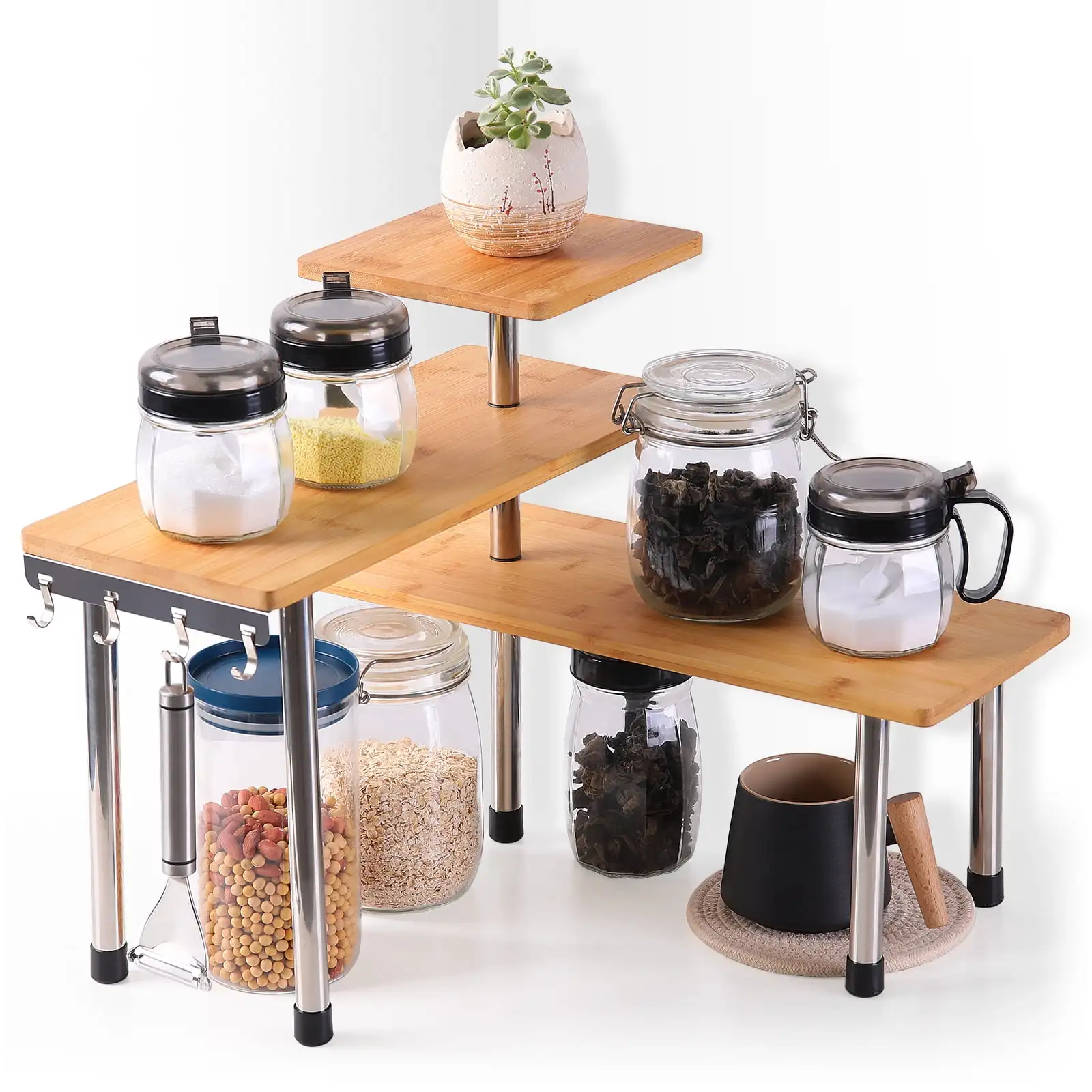 

3 Tier Kitchen Desktop Corner Shelving Unit Bamboo and Stainless Steel Kitchen Storage with 4 Hooks Saving Space