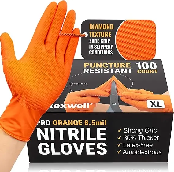 Ultra-Durable Industrial Nitrile Gloves - Heavy Duty Orange with Diamond Grip, Mechanic Safety Work, Multiple Pack Sizes Available