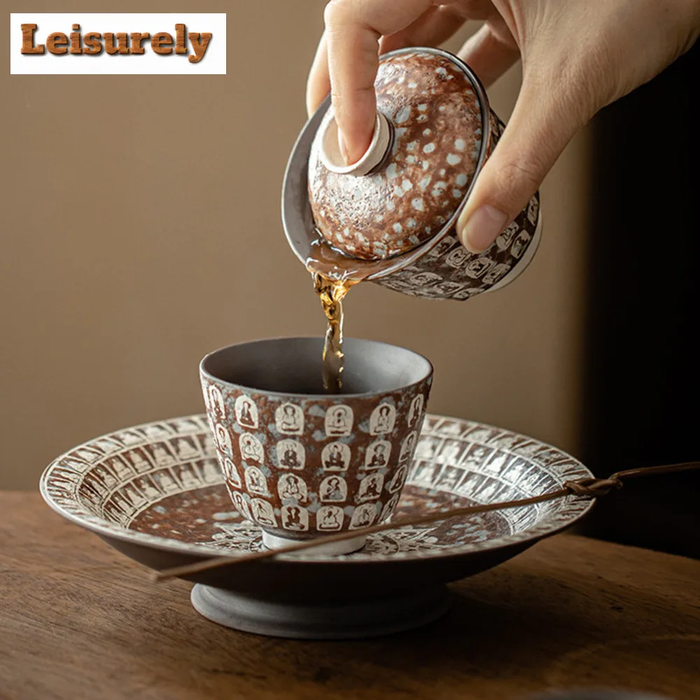100ML Handmade Old Rock Mud Gaiwan Luxury Gilded Silver Buddha Tea Tureen Tea Brewing Cover Bowl Tea Items Accessories Craft