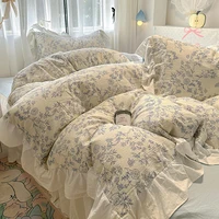 Floral print Korean style Princess Lace Bedding Set Duvet Cover Set Washed Cotton Flat Sheet set Queen For Girl Decor Home