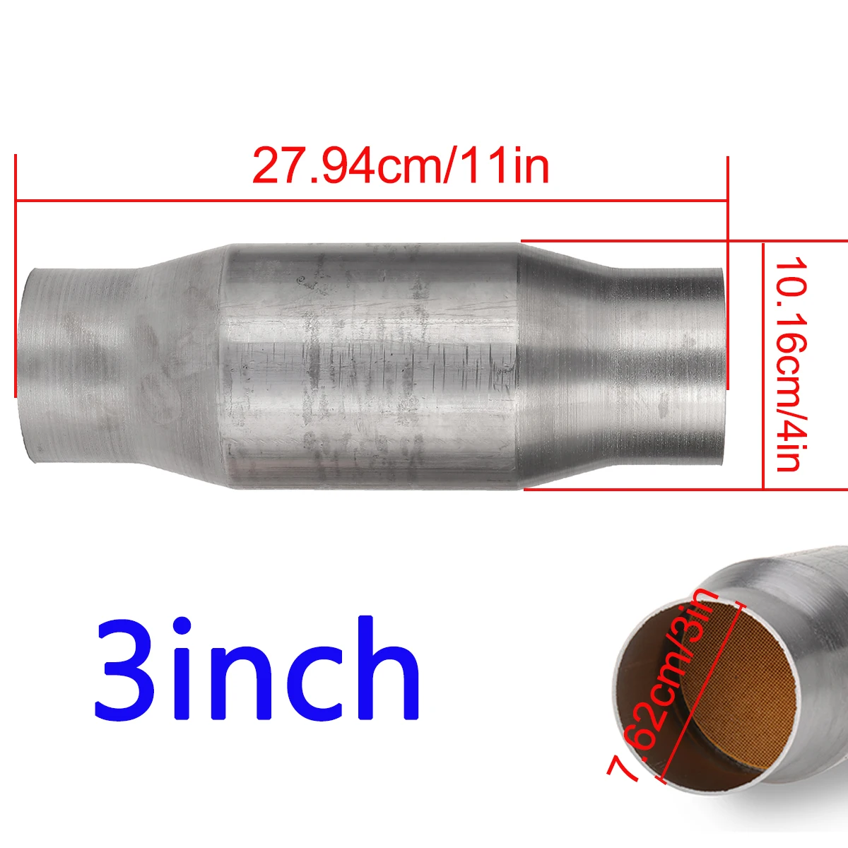1x 3-Zoll Universal-Katalysator aus Edelstahl mit Hochleistungs-Einlass/Auslass, 400 Zellen, zum Anschweißen, 11 Zoll Länge – Detail 3