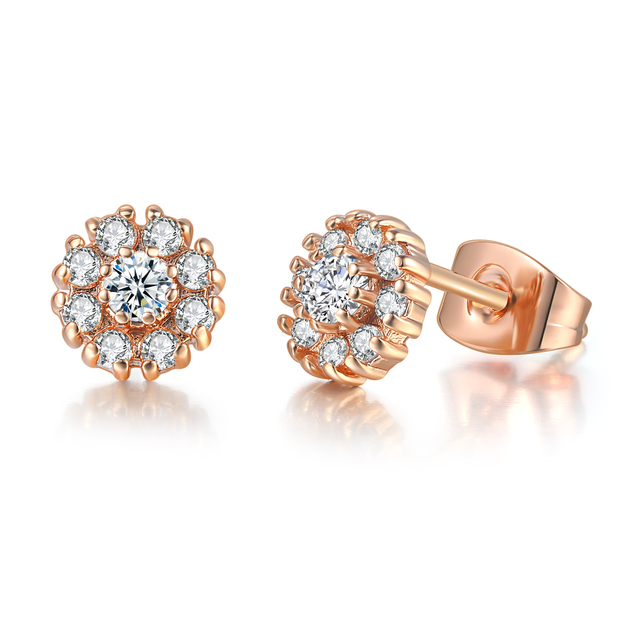 Wedding Flower Crystal Stud Earrings for Women Fashion Zircon Rose Gold Ear Jewelry for Bridal Female Trend Gift E062