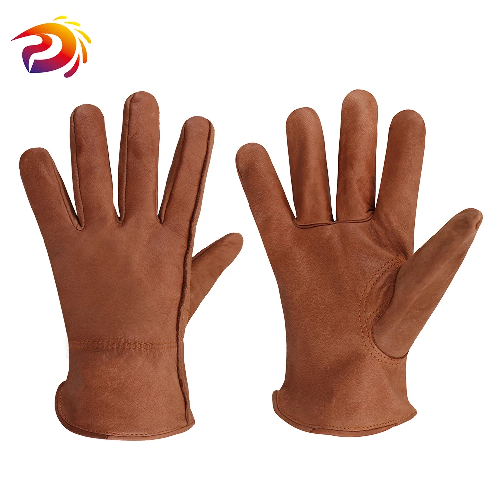 

5 Pairs Brown Cow Leather Work Gloves General Use Motorcycle Drivers Safety Glove Men&Women