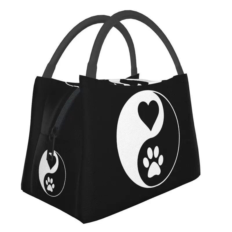 

Yin Yang Print Paw And Heart Cat Insulated Lunch Tote Bag for Women Animal Portable Cooler Thermal Bento Box Hospital Office