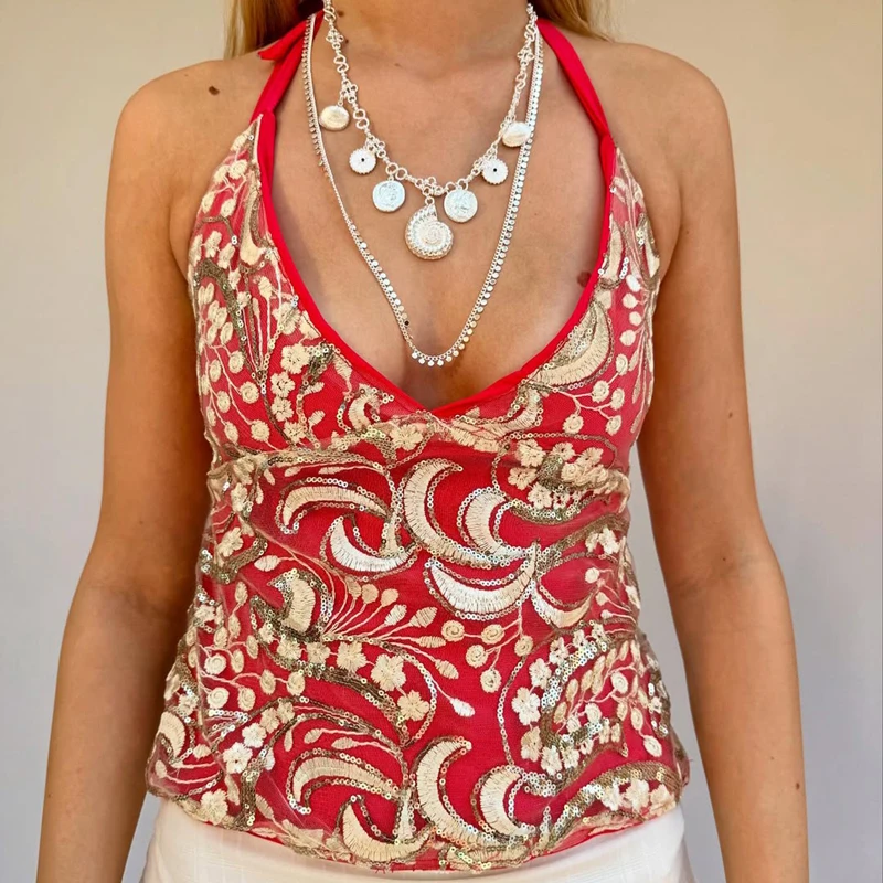 Glitter Beaded Shirt Vest Boho Beach Vacation Crop Top Sequin Sparkly Backless Tie Up Halter Tops Women Y2k Fairy Coquette Camis 2