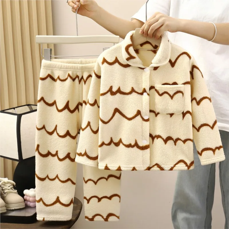Winter Thicken Children's Sleep Wear Set Warm Home Clothes Flannel Pajamas for Boys And Girls 1-10Y