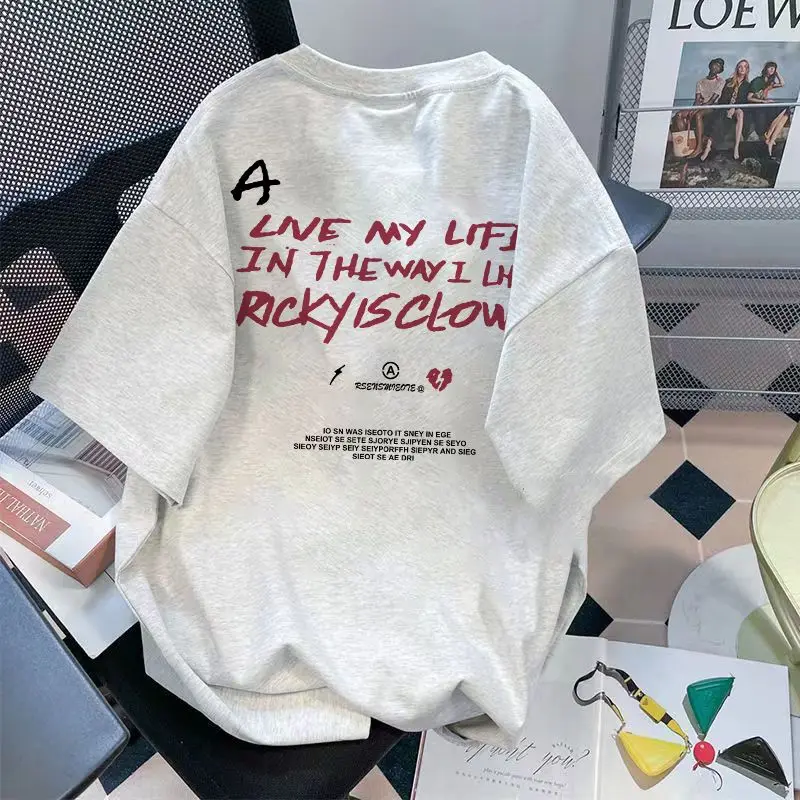 

Korean style pure cotton American letter printed short-sleeved T-shirt for men summer 2024 new loose niche design couple tops