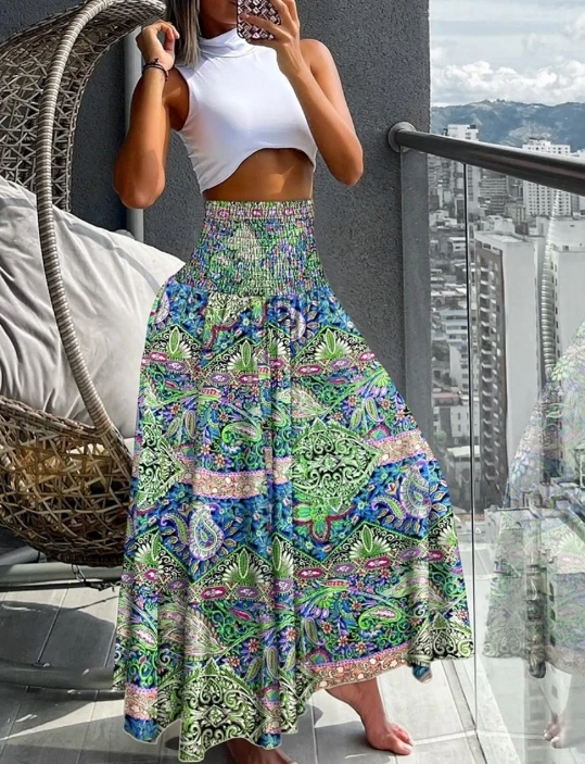 Female Clothing Vintage Womens Skirt Large Hem High Waist Half High Waisted Slim Bohemian Printed Floral Print Skirt for Women