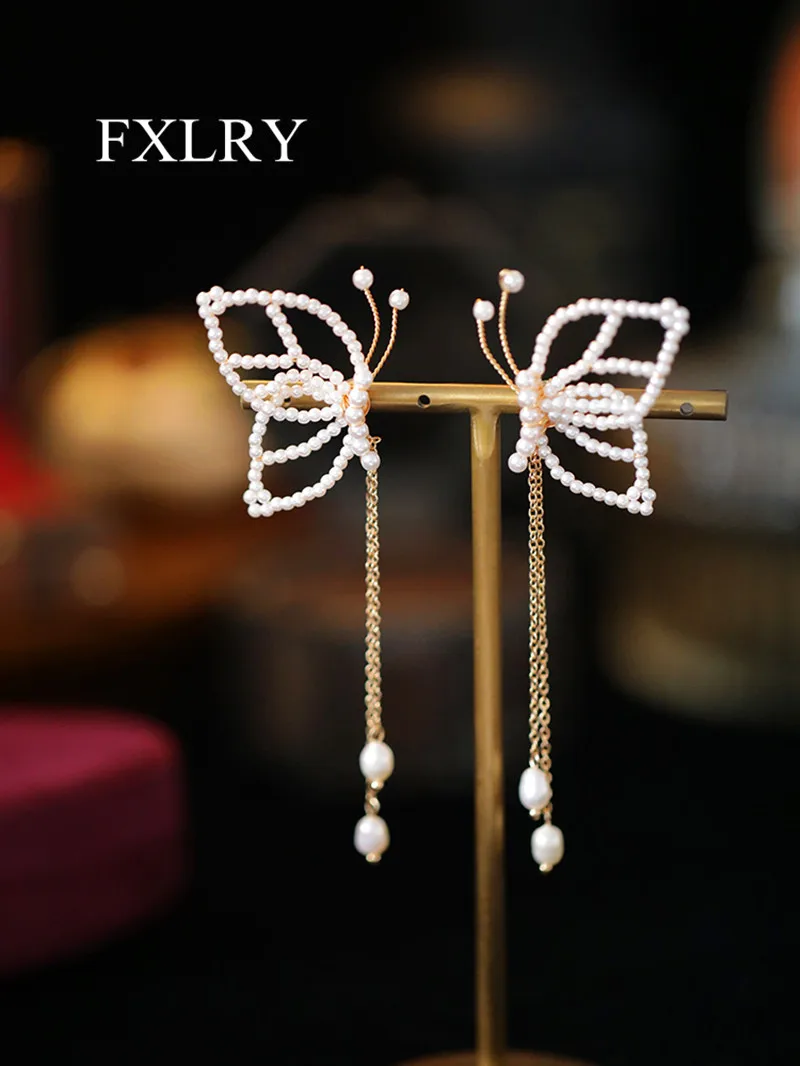 

FXLRY Original Design Pearl Butterfly Tassel Dangle Earrings For Women Jewelry