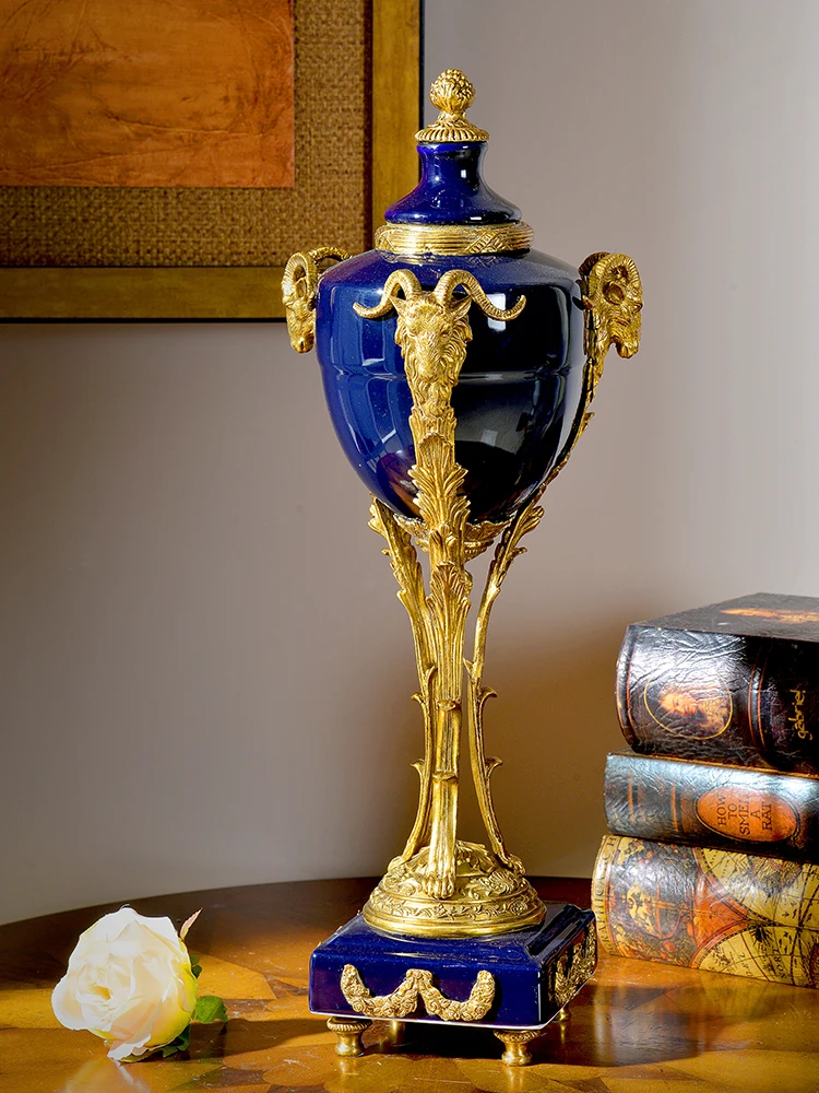 

Home Decoration Sheep Head Animal Brass Decorative Ceramic Blue Crafts European Simple Modern Furnishings Living Room Ornament