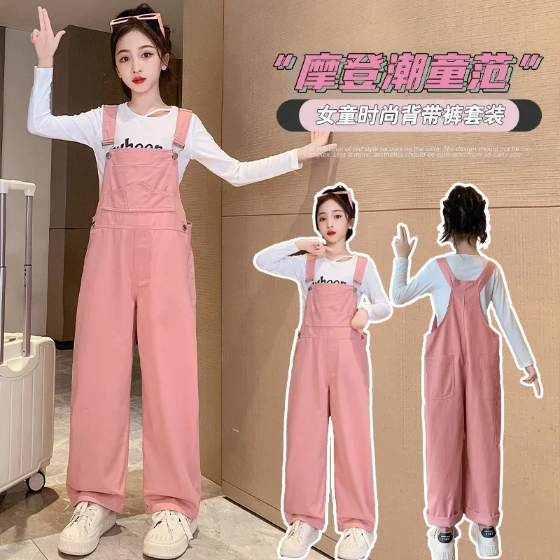 

Teenage Girls Wide Legged Pants Korean Fashionable Childrens pink girls Overall kids jumpsuit trousers salopette fille