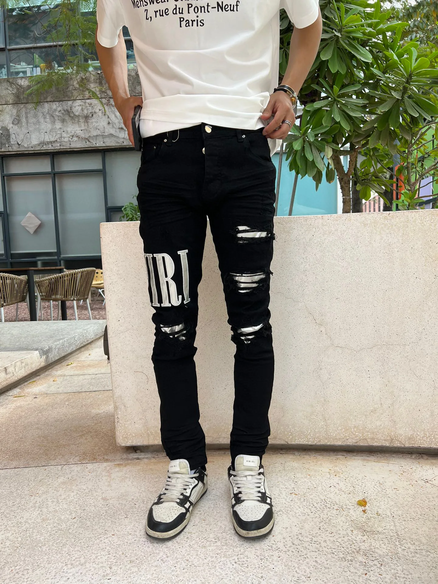 

2023 New Arrival Letter Black Jeans With Hole Casual Streetwear Patchwork Slim Fit Men's Ripped Jeans High Street Denim Pants