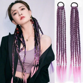 Synthetic Girls Colorful Braids Hair Extensions With Rubber Bands Rainbow Braided Ponytail Hairpieces For Kids Hair Accessories 1