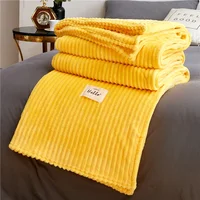 Striped Yellow Solid Blanket Flannel Soft Adults Bed Cover Winter Warm Stitch Fluffy Bed Linen Bedspread for Sofa Bedroom Decor 1