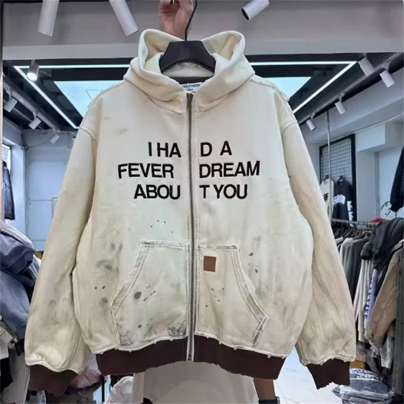 

Apricot Distressed Color Patchwork Hoodie Men Women High Quality Heavy Fabric Worn-out Hooded Sweatshirt Plush Zipper Pullover