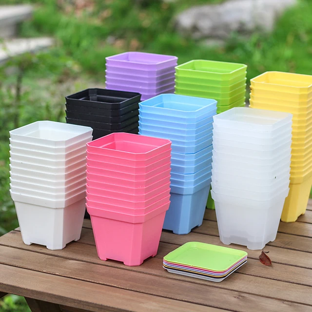 10pcs 7x7cm Plastic Square Flower Pot with Cover Garden Balcony Office Desktop Flower Pot Plant Growing Container 2