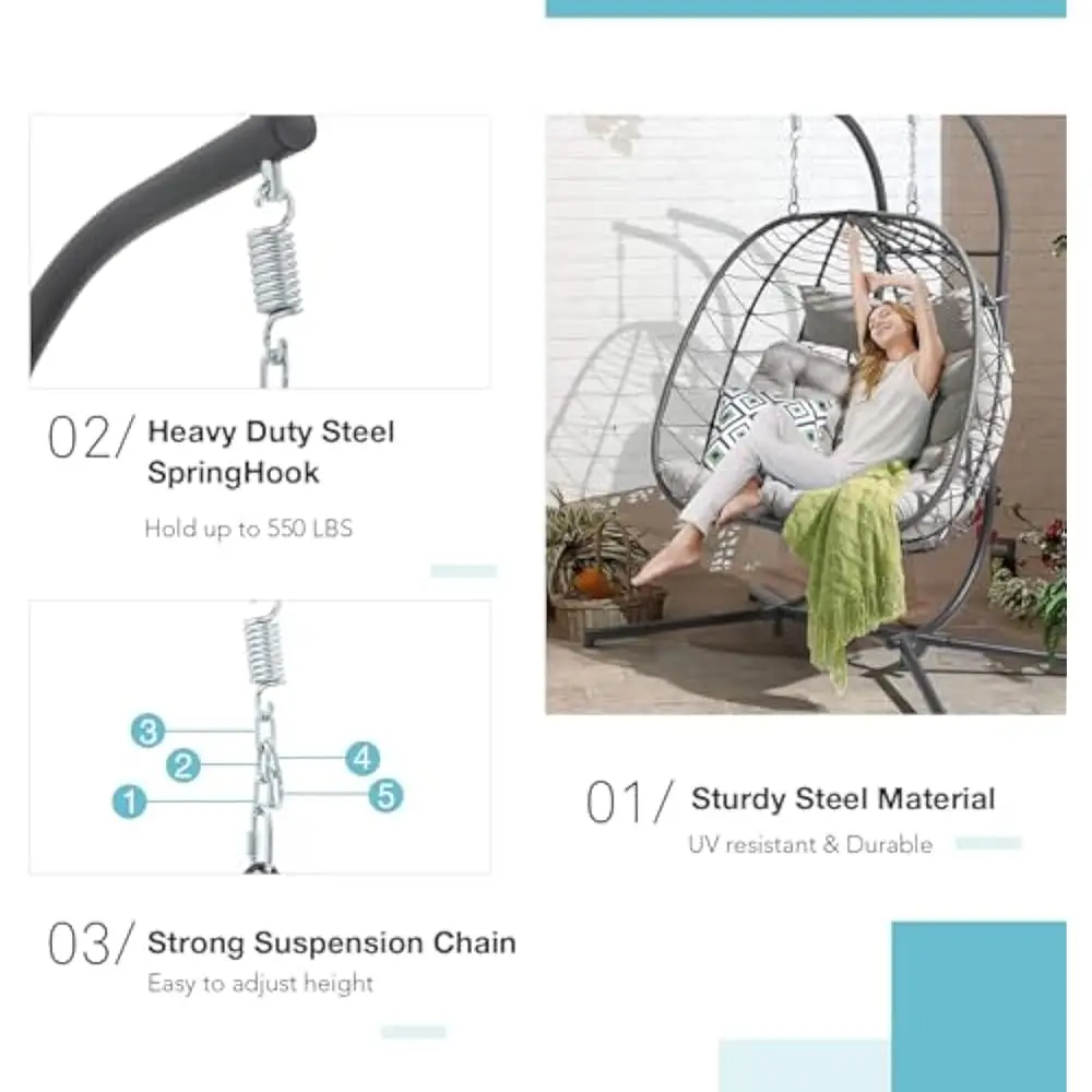 Rattan swing chair Double Rattan Swing Egg Chair with Side Pockets Foldable Hanging Egg Chair with Stand Indoor and Outdoor Chairs