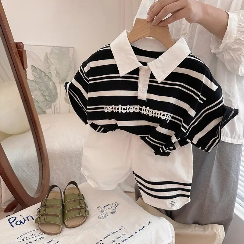 Summer New Boys Korean Contrast Color Polo-Neck Button Striped Fashion Loose Casual Short Sleeve Comfortable Elastic Shorts Sets