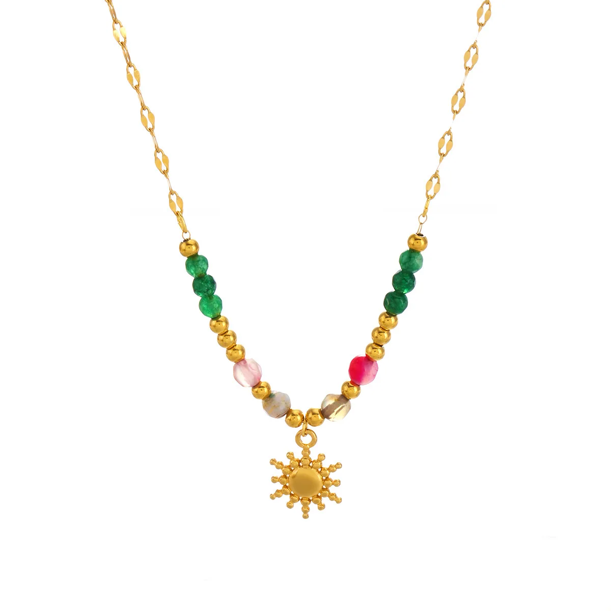 Boho Handmade Weave Beads Necklace Pink Opal Metal Sun Pendant Multicolour Beads Metal Chain Crystal Necklace Trend Jewelry 2025