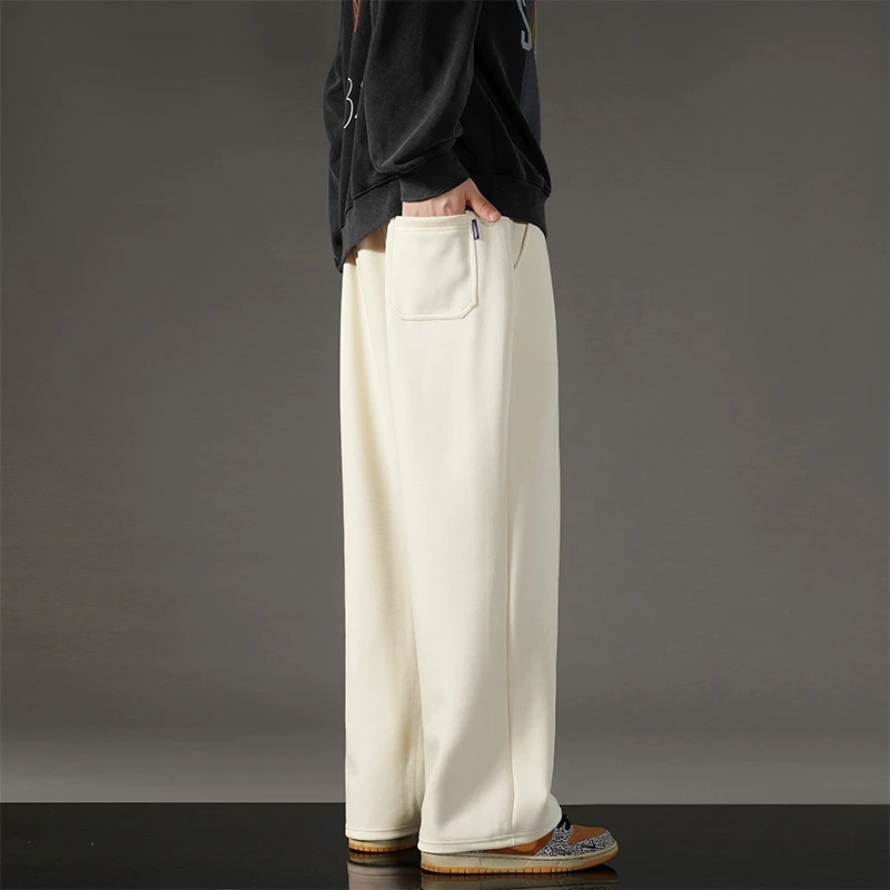 Men's Spring Autumn Solid Pockets Elastic High Waisted Drawstring Casual Loose Straight Leg Wide Leg Trousers Fashion Pants wide leg pants