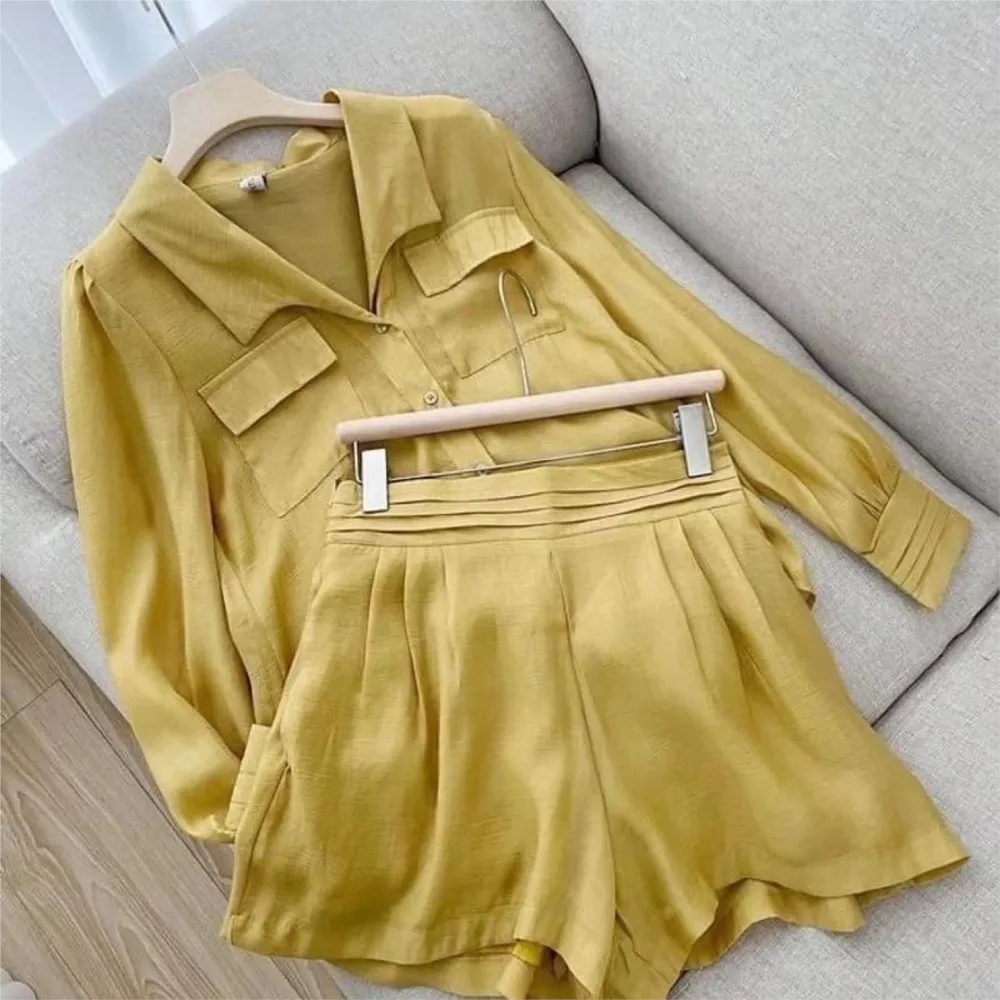 Spring Shirt Two Piece Set For Women Summer Shorts 2 Piece Sets Suits Solid Color Long Sleeve Shirt Short Casual Outfits Female