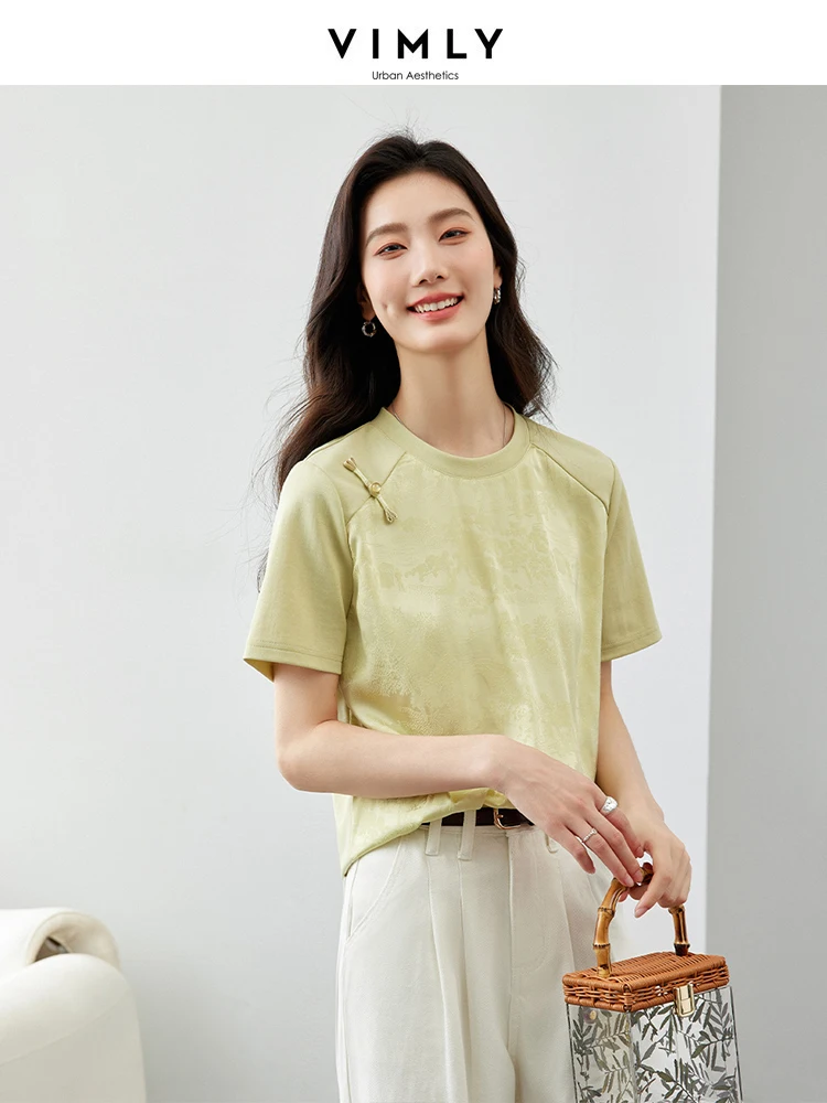 

VIMLY New Chinese Style Plate Buckle Casual Blouse T-Shirt Solid O-Neck New Satin Splicing Short Sleeve Tee Summer Blouse Top