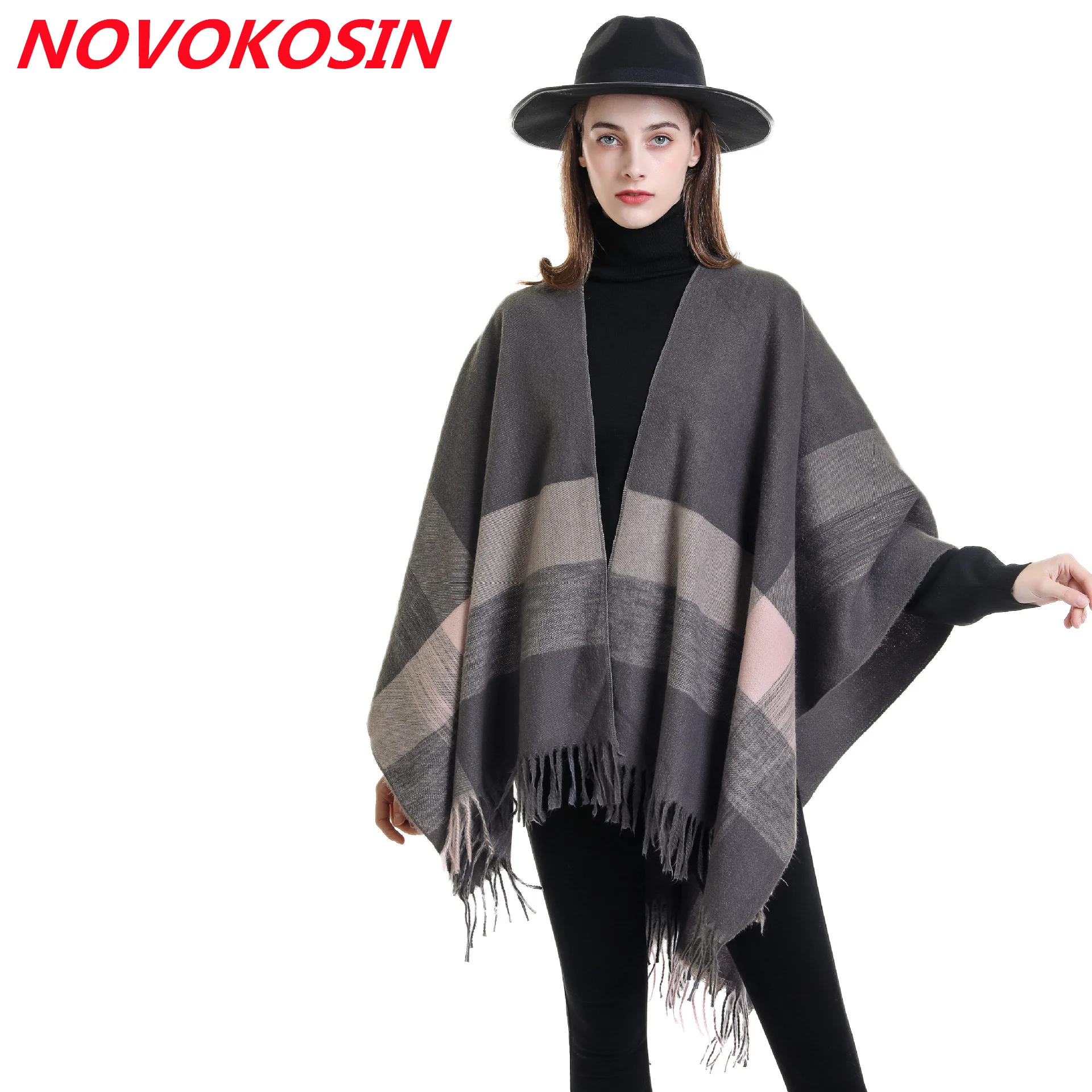 Autumn Winter Knitted Shawl Blanket Warm Plaid Color Loose Poncho Capes  Women Long Split Out Street Cloak