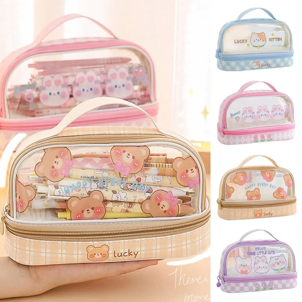

Kawaii Transparent Portable Stationery Organizer Large Capacity Double Layer Pen Bag Cartoon Rabbit Bear Pencil Case