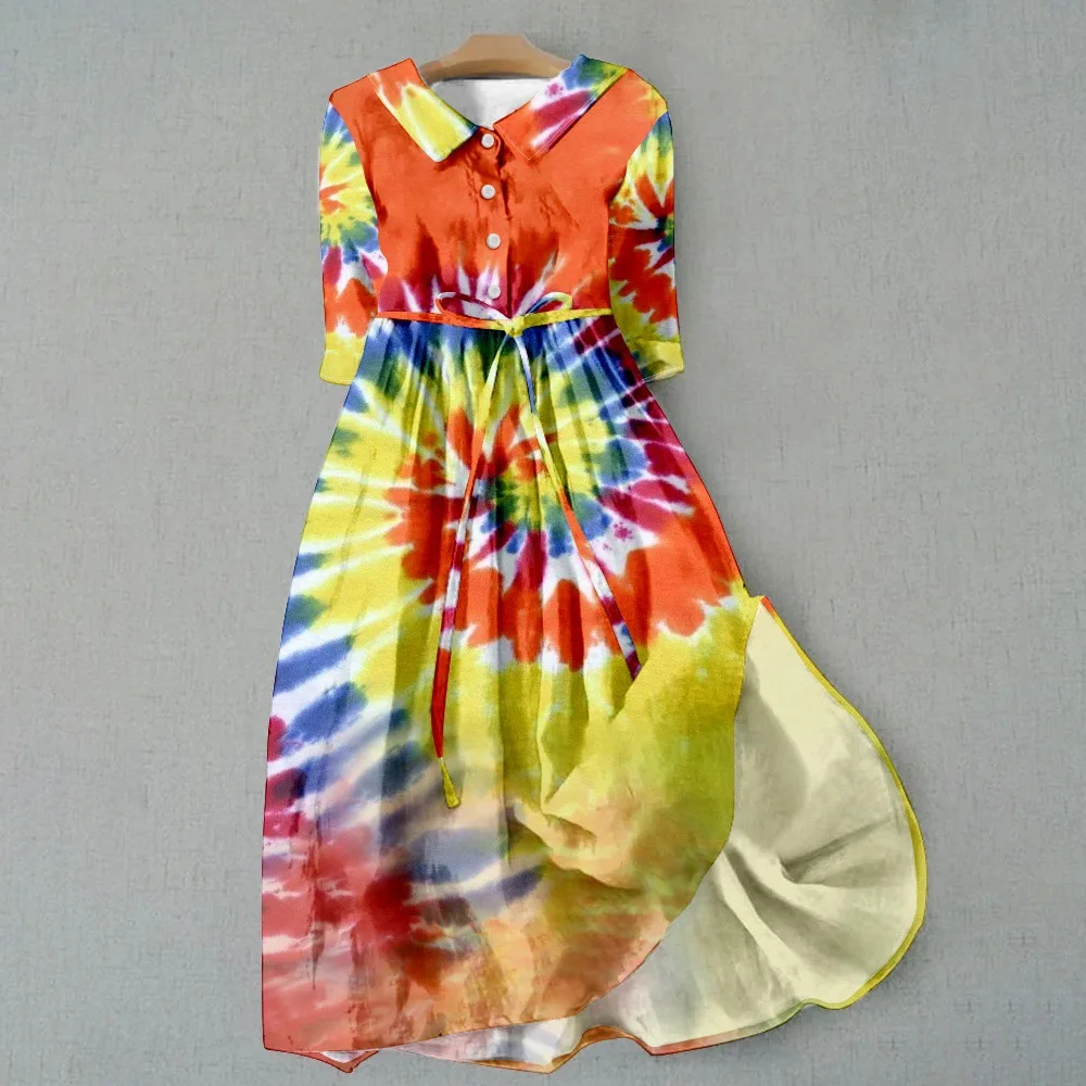 

Cartoon Novelty Women Dresses New Colorful Tie dyed 3D Printed medium Sleeve With waistband Button Shirt Dress Party Dress