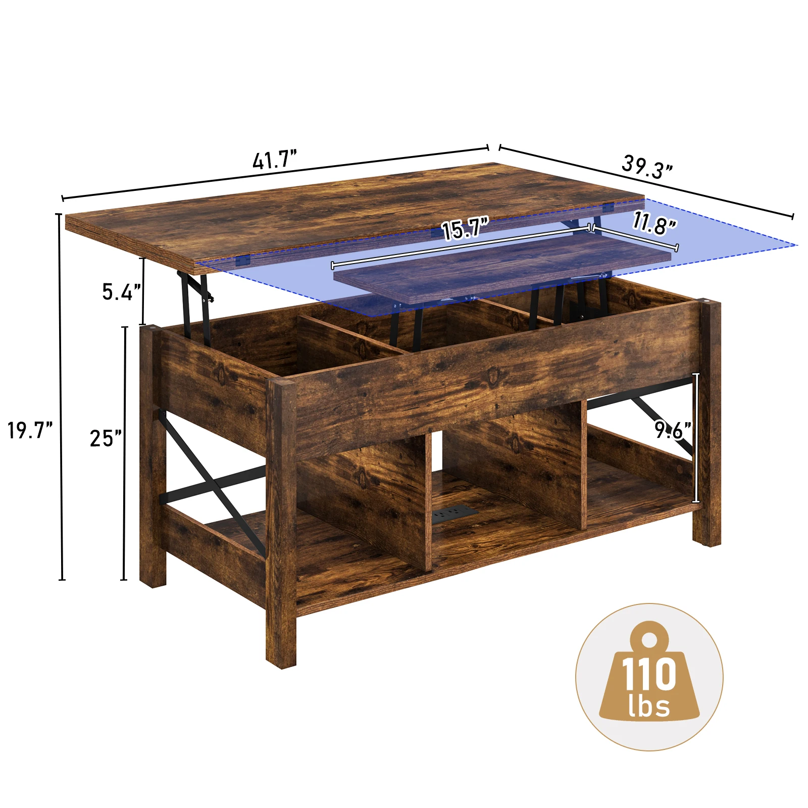 Multi-Functional lift top Coffee Table with Storage, living room rectangle center table with LED Lights & Charging Station
