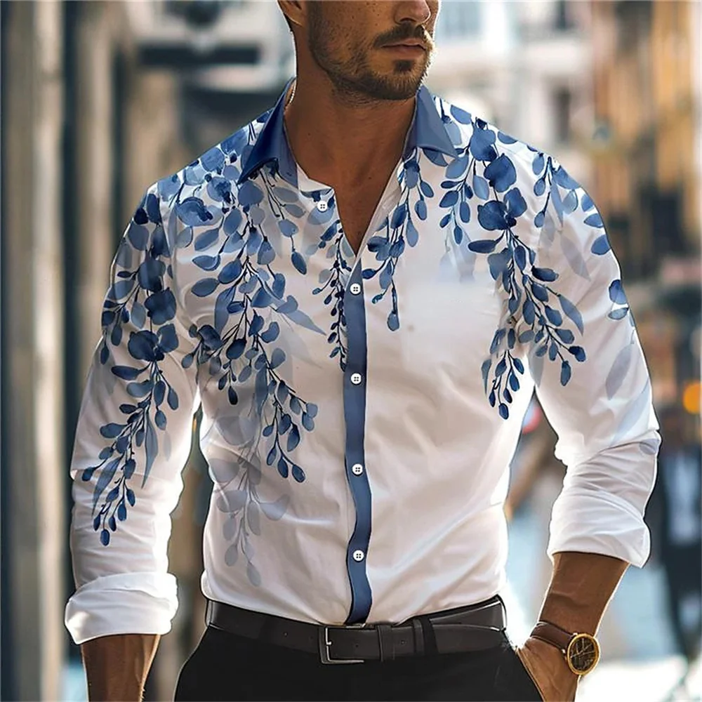 Men's Leaf Flower Print Long Sleeved Flip Collar Button Shirt, Street Men's Clothing, Plus Size, Summer, New, 2024