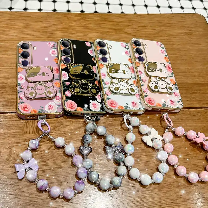 Elegant Gradation Rose Leaves Phone Case Set with Lanyard and Rabbit Stand