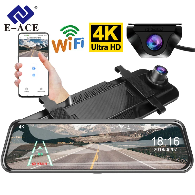 E-ACE 4K Car DVR Mirror Ultra HD 3840*2160P Dashcam Video Recorder Night Vision 1080P Rear Camera  Support GPS WIFI For Auto