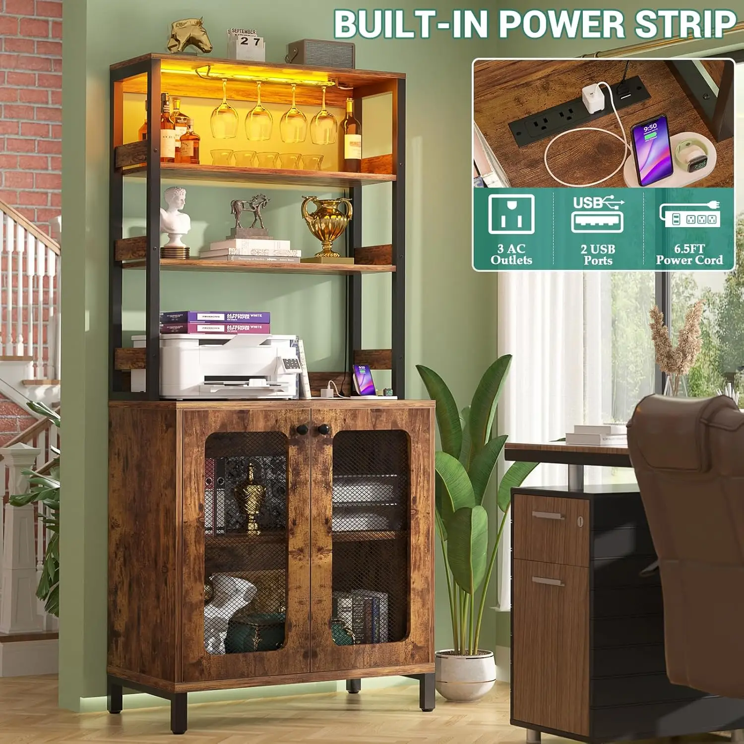 Bar Cabinet with Power Outlets, 67" Tall Wine Bar Liquor Cabinet with LED Lights & Glass Holder, Coffee Bars Station