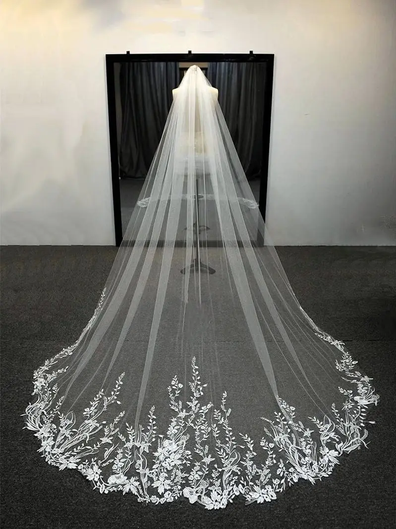 

Sparkling White Ivory Long Bridal Veils Wedding Veil Lace Appliques Soft Net Cathedral Veil Velos De Novia Voile De Mariée