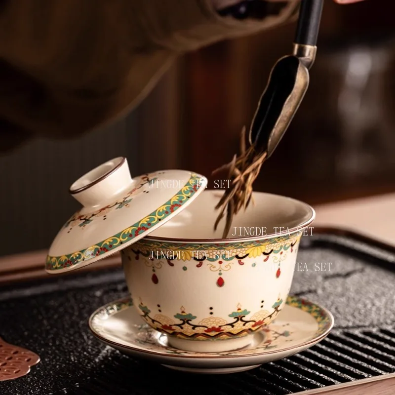 Dunhuang Rice Yellow Ru Kiln Tea Set High End Ceramic Kung Fu Tea Pot and Teacup for Household Use Chinese Tea Set Accessories