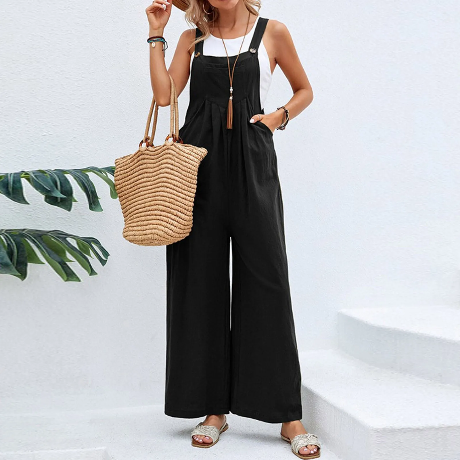 

Women Stretch Straps long Romper Jumpsuit solid Wide Leg pocket long Trousers summer Elegant High Waist One Pieces Overalls