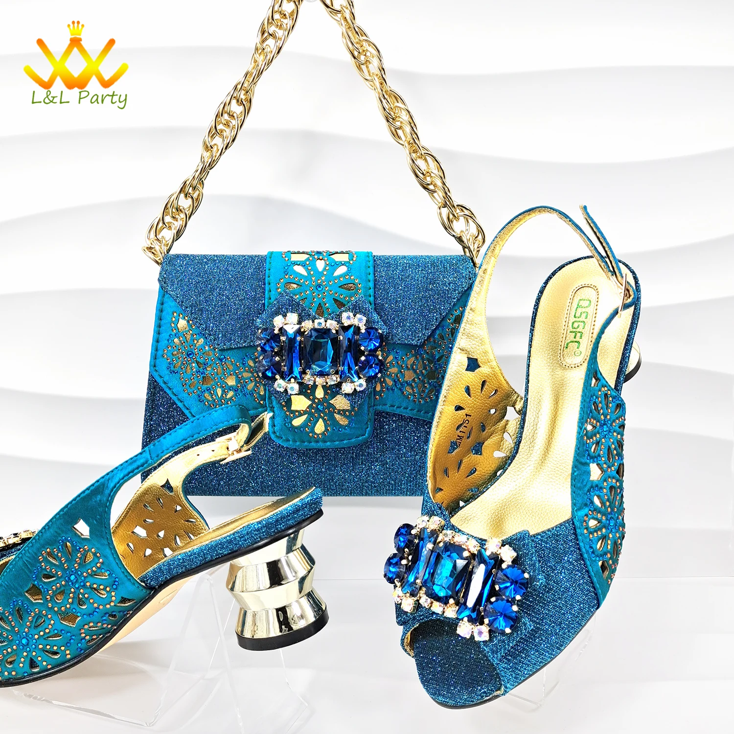 

2024 Peep Toe Mid Heels Comfortable with Shinning Crystal in Teal Blue Color Sexy Style Italian Women Shoes and Bag Set