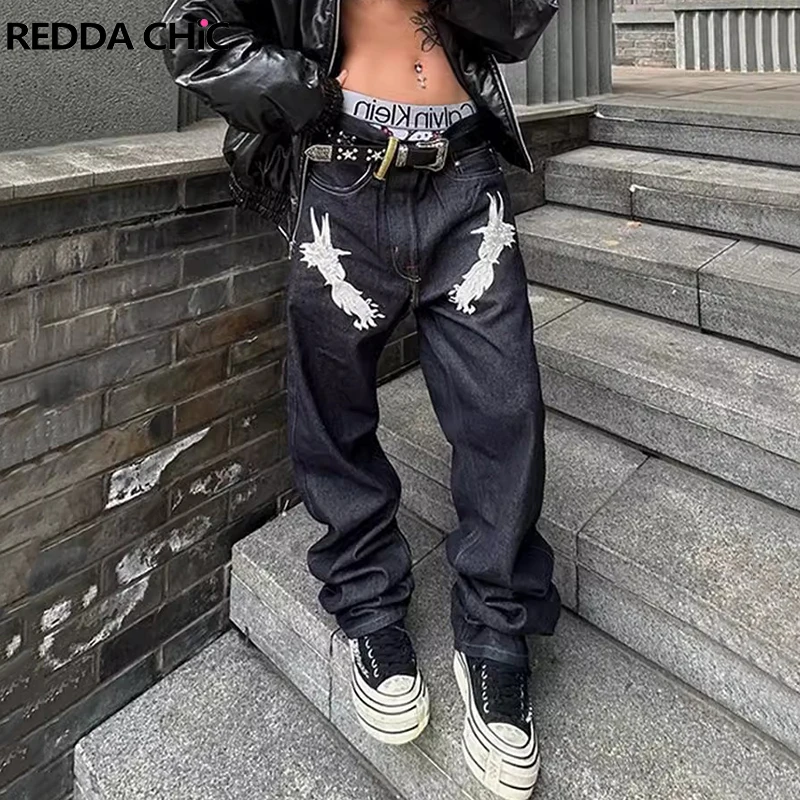 

ReddaChic ICON Embroidered Chinese Dragon Jeans Women Men High Waist Straight Denim Pants Vintage Y2k Trousers Big Size Clothes