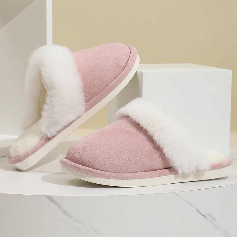 Lucyever Pink Faux Suede Faux Fur Slippers Women Home Warm Non Slip Slides Woman Causal Flat Heels Plush Slipper Shoes Female 2