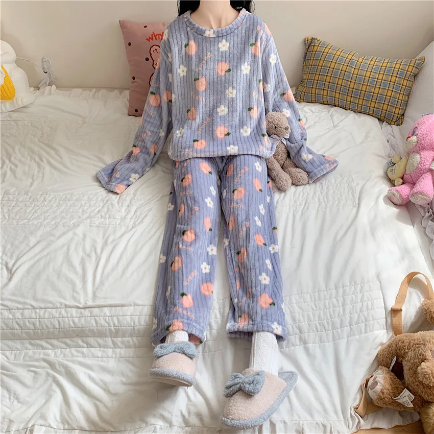 Coral Fleece Bear Print Warm Set Winter Cozy Sleepwear Cute Cartoon Girls Home Outfit Comfortable Loungewear Soft Pajamas