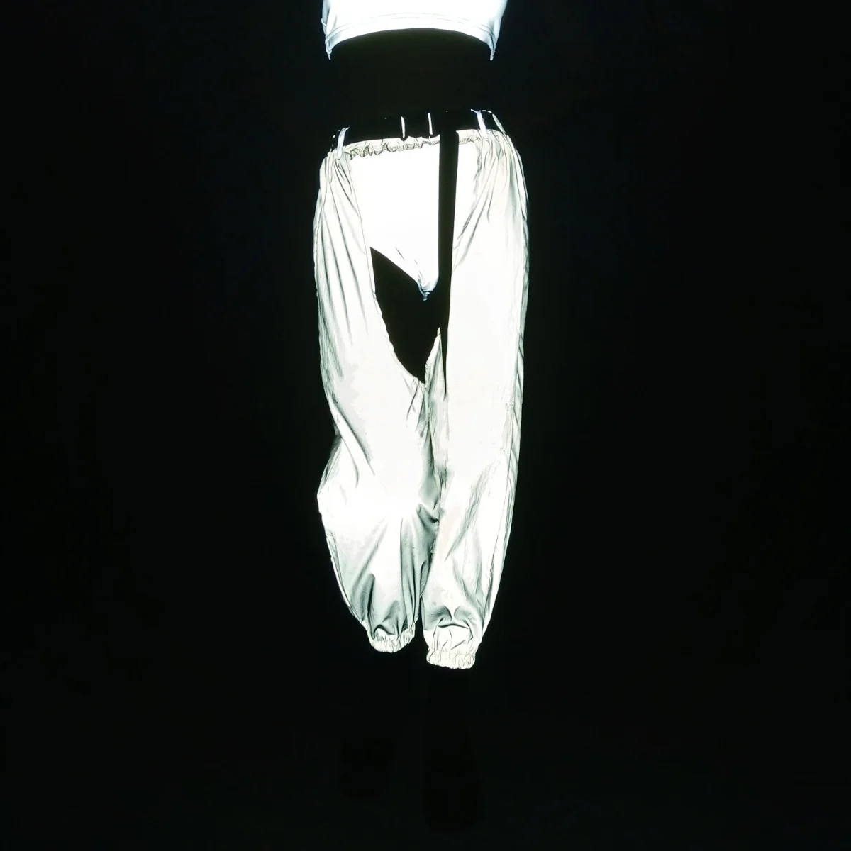 Autumn New High Waist Hollow Sexy Reflective Overalls European and American Ladies Hip-hop Rock Night Beam Pants